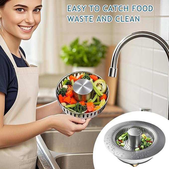 3-in-1 Kitchen Sink Drain Strainer & Stopper, Stainless Steel Food Catcher Plug with Filter Basket, Fits 3-1/2 Inch Drain Hole, Universal Sink Protector Cover, Anti-Clogging, Silver (Sus304, 1 Pack)