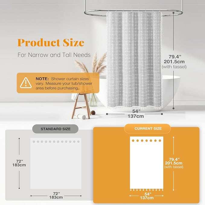 54x78 Boho Farmhouse Linen Heavy Duty Shower Curtain Set, Gray/Grey | Narrow Long Size, 330GSM Linen Blend, 3-side Tassels, Waterproof Fabric, 10 Plastic Hooks, Rustic Bohemian, Machine Washable