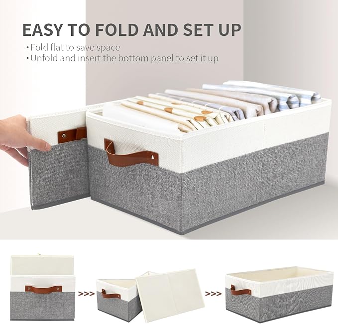 6 Pack Closet Storage Bins, Storage Baskets for Shelves | Linen Closet Organizers and Storage with Leather Handles for Clothes,Towels, Sheets, Jeans, Toys, Books (Grey and White)