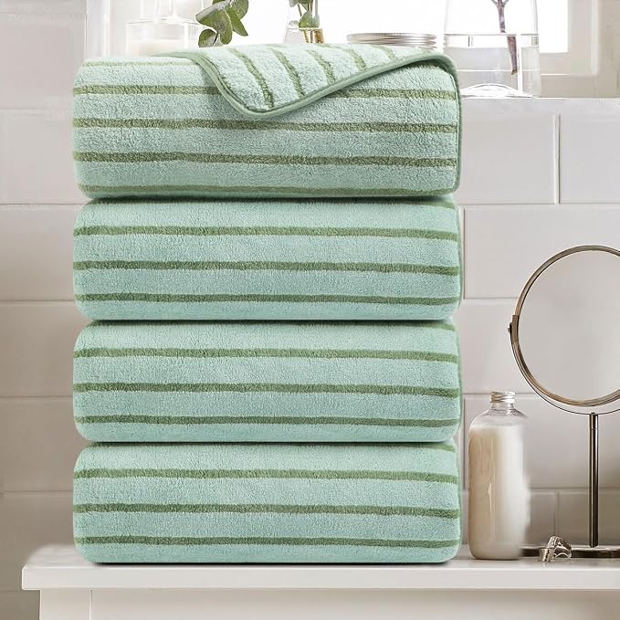 4 Pcs Green Cabana Stripe Large Bath Sheets Soft Microfiber Bathroom Towels | Fluffy oversized towel with hang loops absorbent quilck dry easy replacement family dorm sets for home beach pool gym yoga