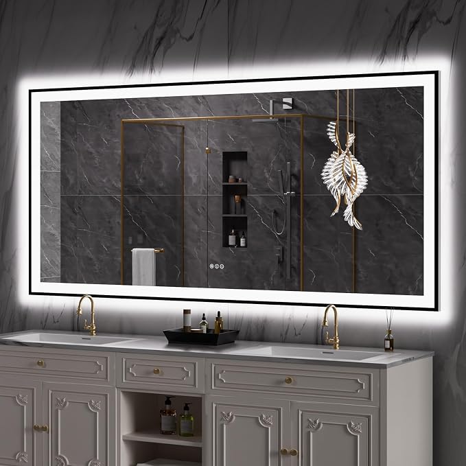 LOAAO 84"X40" LED Bathroom Mirror Black Framed | Anti-Fog, Dimmable, Memory Function, Tempered Glass, Lighted Vanity Mirror for Wall