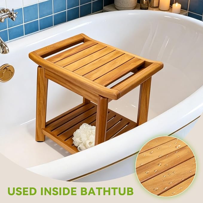 Teak Shower Stool 17" for Inside Shower, HeavyDuty Shower Bench Seat | Non-Slip Shower Stool with Storage Shelf, Waterproof Shower Chair for Seniors & Post Surgery, Safe Bathing & Everyday Comfort