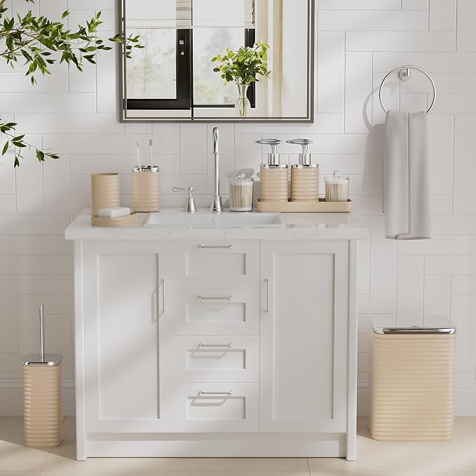 Bathroom Set - 10PC Bathroom Accessory Set, Beige Bathroom Set, Luxury Bathroom Accessories Set, Trash Can, Toilet Brush, Soap Dish, Qtip Holder & Soap Dispenser