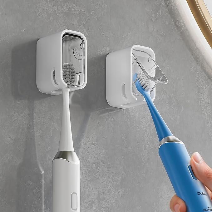 MOPMS Single Slot Toothbrush Holders Wall Mounted with Cover for Bathrooms | 2PCS Toothbrush Cover for Shower, Single Toothbrush Dispenser Storage Organizer for Family & Travel