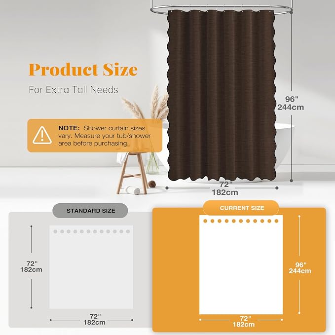Extra Long Scalloped Linen Textured Shower Curtain Set, 72x96, Brown | Extra Tall Size, 230GSM Waterproof Polyester, Heavy Duty Fabric, 12 Plastic Hooks, Boho Farmhouse Style, Machine Washable