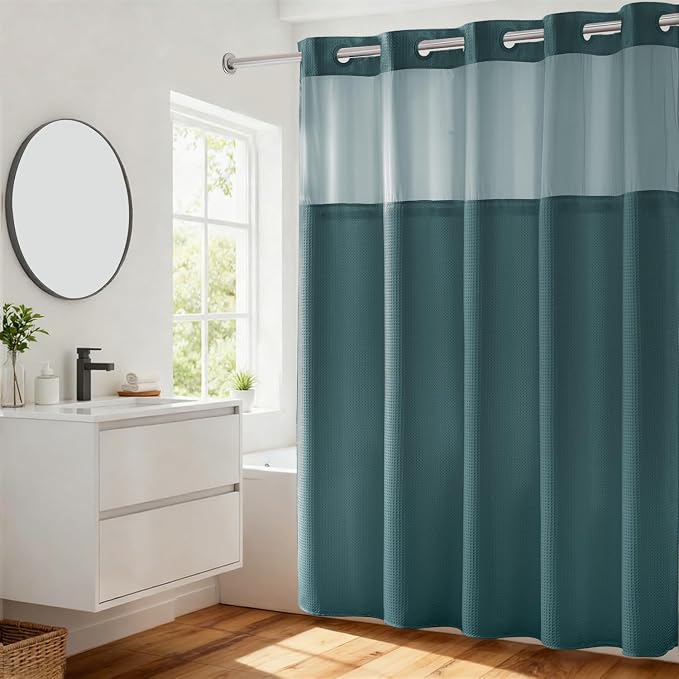 River Dream Heavyweight Waffle No Hook Shower Curtain with Liner,Teal,71x74 | Dotted Waffle,Snap-in Liner,Heavy Duty,Quick Dry,Mesh Top Window,With Bottom Magnets,Hotel-Grade,Washable,Standard Size