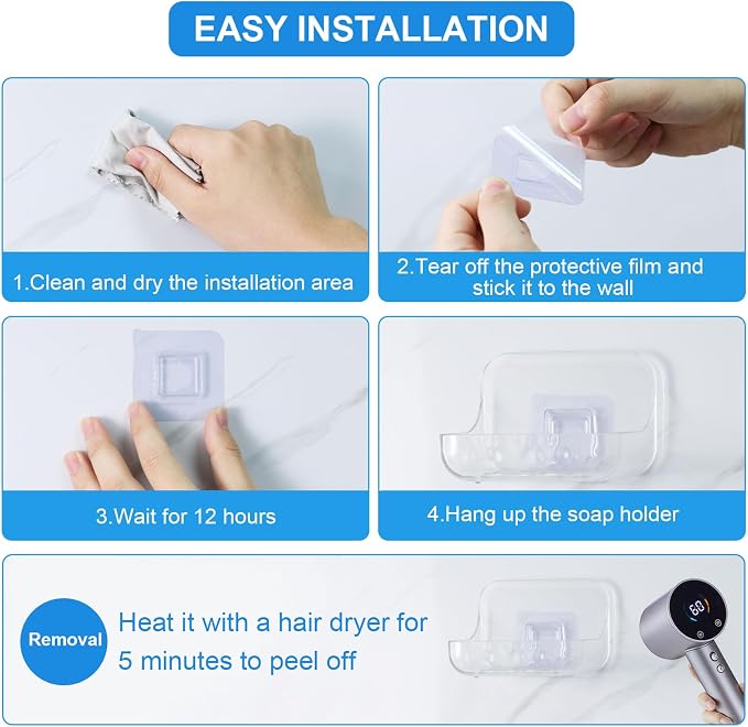 Acrylic Soap Dish, Clear Self Draining Soap Holder, No Drilling | No Tool, Universal and Aesthetics, Waterproof, 2 Pcs Plastic Soap Saver - Bathroom Kitchen Organizer
