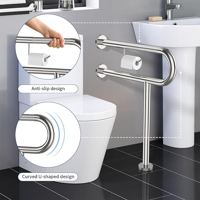 ZUEXT 24x28 Inch Chrome Knurled Toilet Grab Bar with Toilet Paper Holder | Wall to Floor, Anti-slip Handicap Grab Bar, Stainless Steel Bathroom Support Rail with Leg, For Elderly Disabled Pregnant