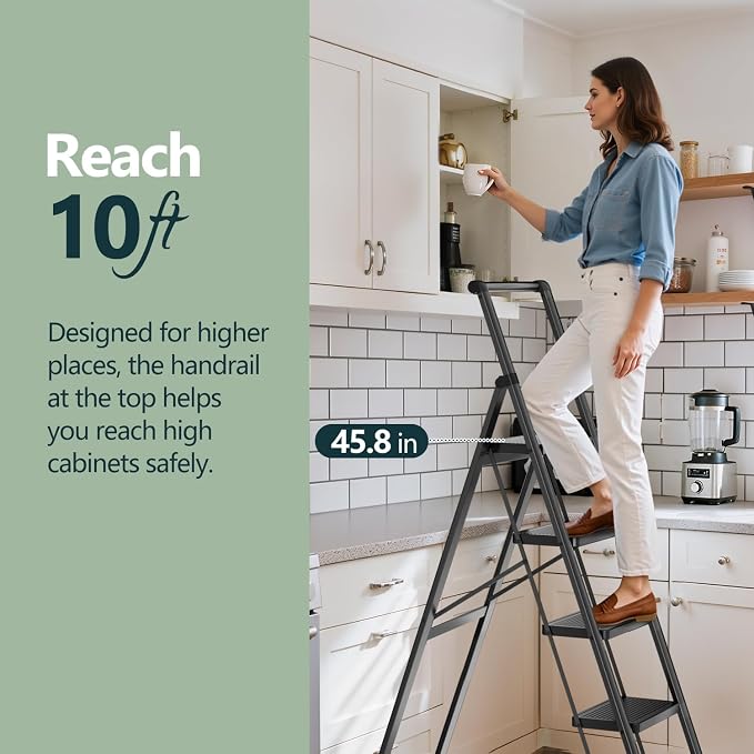 5 Step Foldable Step Stool with Handrail, 330lbs Load, Black | Folded 67'' H x 3'' T; Net 17.8 lbs; Anti-Slip Feet Grip Wood, Tile, Carpet; Wide Pedals; For Shelves, Repairs.