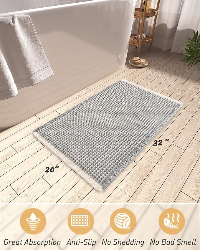 Upgraded Waffle Bath Mat, Super Absorbent Non Slip Bath Mats for Bathroom Floor, Machine Washable Bathroom Rugs with Tassels, Rubber Backed Bathroom Mats, Ultra Soft, 20" x 32",LightGrey & Cream