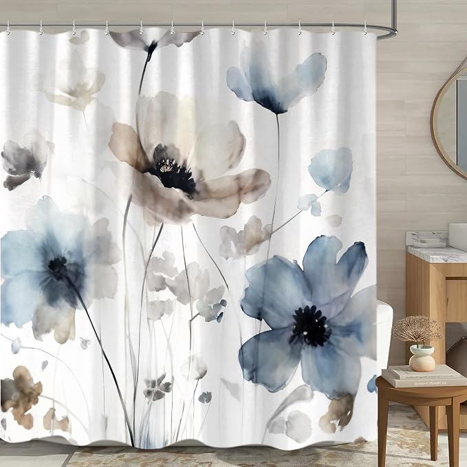 Sanzugh Boho Floral Long Shower Curtain, Cream Tan Beige Blue Grey White Watercolor Flower Fabric Shower Curtains Set for Bathroom Decoration with Hooks 72 X 78 inch Cute Farmhouse Bath Decor
