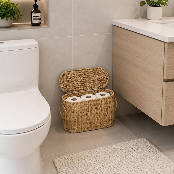 Toilet Paper Storage Basket with Lid, Narrow Bathroom Organizer for 6 Mega Rolls, Waterproof Wicker Look Plastic Basket with Handles, Toilet Tank Top Holder, Farmhouse Bathroom Storage Bin (Linen)
