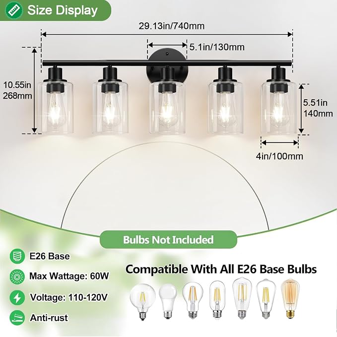 Zarbitta 5-Light Bathroom Light Fixtures, Black Modern Vanity Lights with Clear Glass Shade, Bathroom Wall Lamp for Mirror Kitchen Living Room Hallway Cabinet Porch