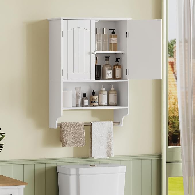Medicine Cabinet with Adjustable Shelves and Towel Rack, Wall Mounted Bathroom Cabinet Over the Toilet Storage for Bathroom, Living Room, White