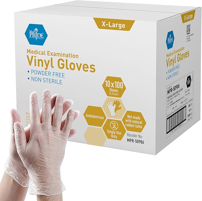 MED PRIDE Vinyl Exam Medical Gloves,Powder & Latex-Free,X-Large,1000-Count