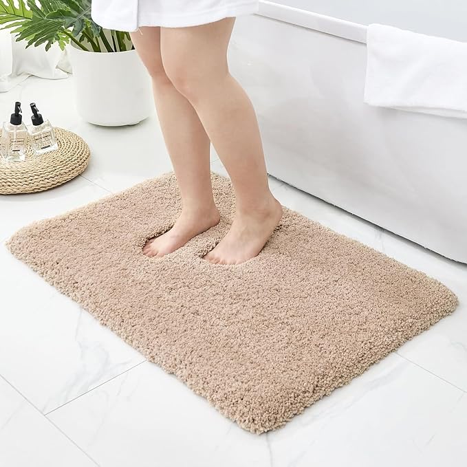 Bathroom Rugs Non Slip Washable, Ultra Thick Soft Microfiber Absorbent Bath Mats, High Density Foam Latex Non Slip Backing Bath Rugs, Fluffy Floor Carpet for Tub&Shower 24x17, Beige