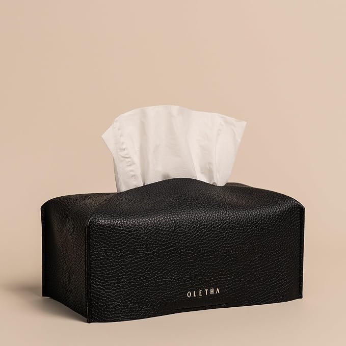 OLETHA Aesthetic Rectangle Tissue Box Cover, Standard, Black | Faux leather tissue box holder fits Kleenex 110-160 ct flat boxes; desk decor for home, office, room; velcro base; easy swap