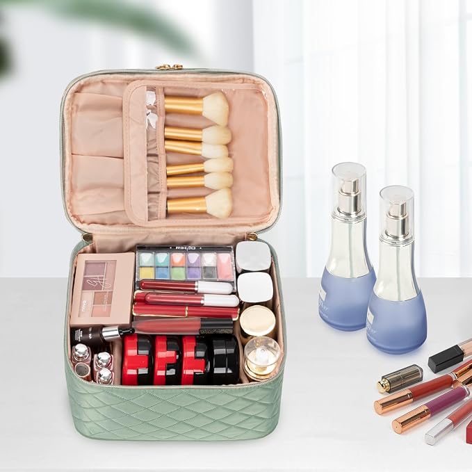 Large Makeup Bag, Double Layer Makeup Bag, Vertical Storage Cosmetic Case for Women/Girls with Multiple Compartments-Green