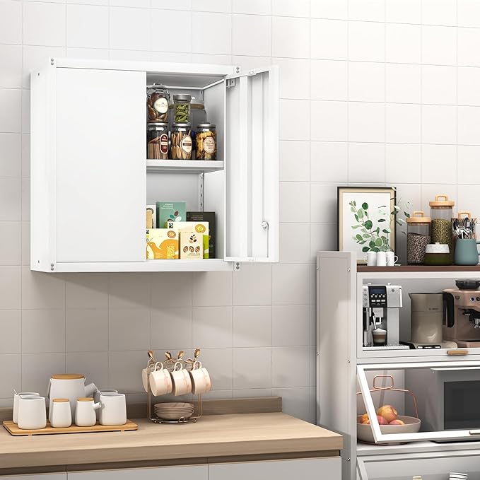 GREATMEET Locking Metal Wall Cabinet, Metal Storage Cabinet with 2 Shelves, Wall Mount Cabinet with Lock, Floating Garage Cabinets with Adjustable Shelf
