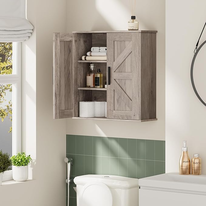 Homleke Bathroom Wall Cabinet, Medicine Cabinet with Adjustable Shelves | 3-Tier Wall Mounted Over Toilet Storage with Barn Doors, for Bathroom, Kitchen, Entryway, Laundry Room, Greige, (7.9" D)