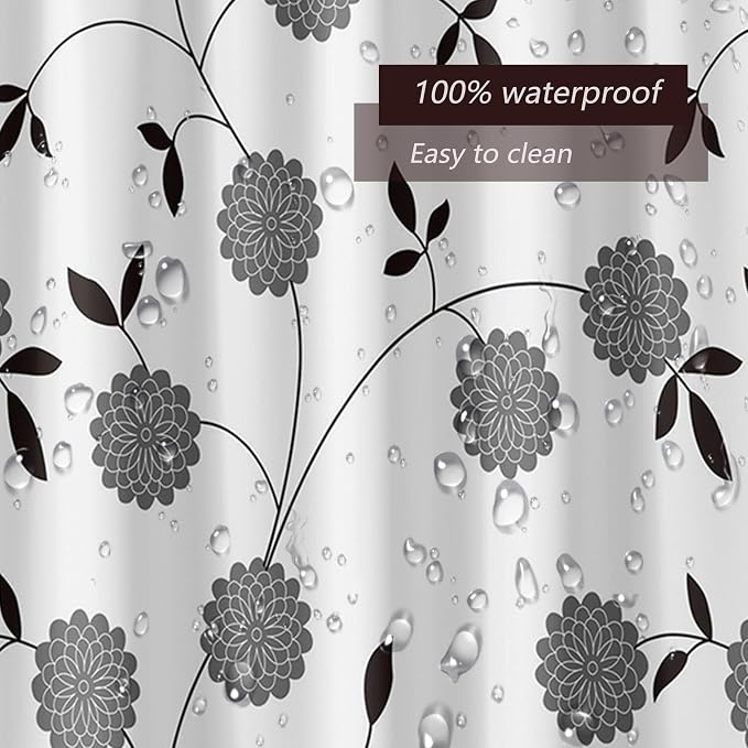 TIKABC Shower Curtain Liner, 4G PEVA Black and White Tree Flower Shower Liner, Plastic Waterproof Shower Curtains, 72x72 inch with Grommet Holes 3 Magnetic Weights