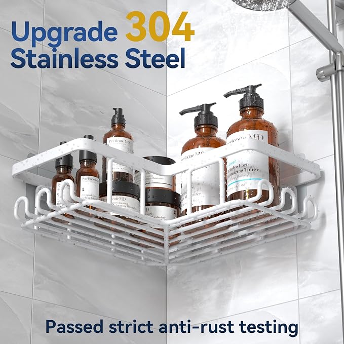 Corner Adhesive Shower Caddy, with Soap Holder and 12 Hooks, Rustproof Stainless Steel Bathroom Organizer, No Drilling Wall Mounted Rack, White, 3-Pack