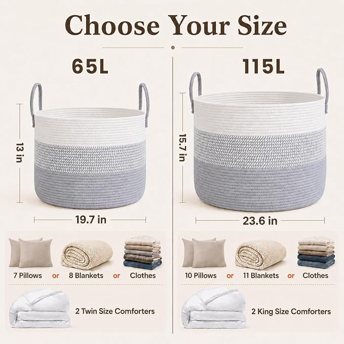 JMvicyroam 65L Extra Large Machine Washable Cotton Rope Blanket Basket | Collapsible laundry hamper, Reinforced handles, For blankets,pillows,toys and clothes, Living room and bedroom,White&Grey Mix