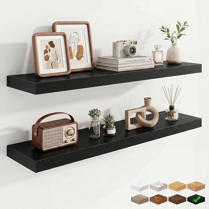 Marsmiles 9.25in Depth 40in Floating Shelves, 40x9.25x1.4, Black, Set of 2 | Wall Mounted Engineered Wood Shelves, Invisible Brackets for Living Room, Bedroom, Bathroom, Kitchen Decor and Storage