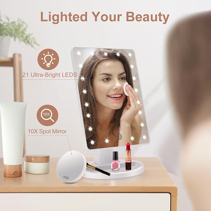 COSMIRROR Lighted Makeup Vanity Mirror with 10X Magnifying Mirror 21 LED | Lighted Mirror with Touch Sensor Dimming, 180°Adjustable Rotation, Dual Power Supply, Portable Cosmetic Mirror (White)