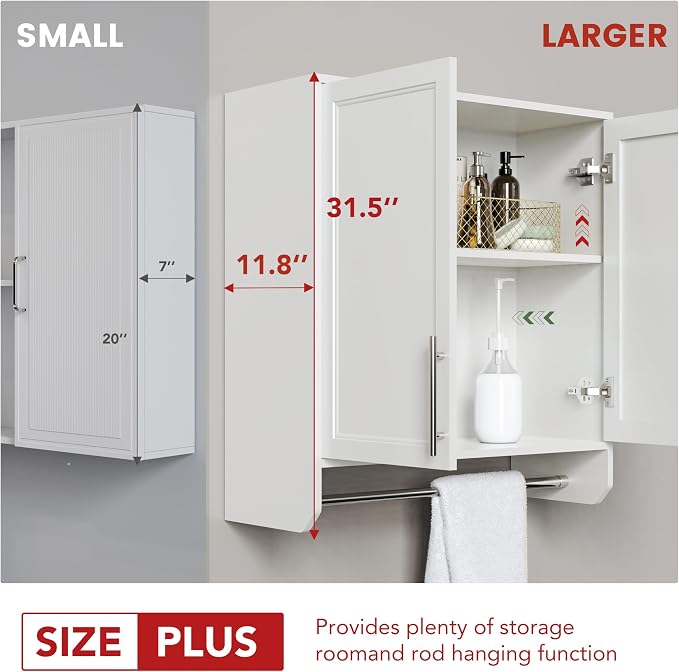 FIMELLO 29.5’’ Wall Cabinet with Hanging Rod, Laundry Room Cabinets Wall Mounted, Bathroom Wall Cabinet, Adjustable Shelf, Shaker Door, White