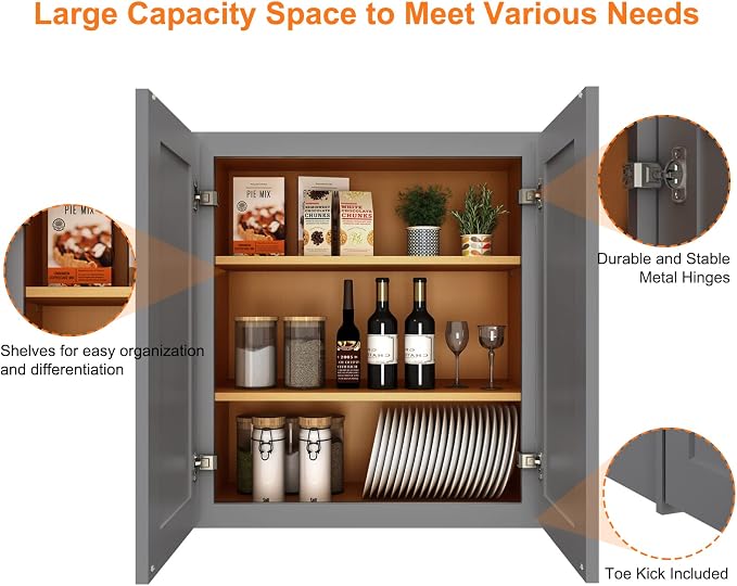 ROOMTEC Wood Wall-Mounted Cabinet,Bathroom Medicine Cabinet with Adjustable Shelves and 2 Soft-Close Doors,Laundry Storage Cabinet for Bathroom,Kitchen,Living Room 12" D*36" W*30" H,Shaker Grey