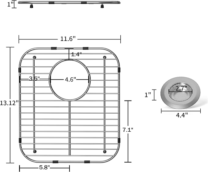 Stainless Steel Universal Sink Protector - 13.1" x 11.6" x 1" Grid With Rear Drain and Sink Strainers