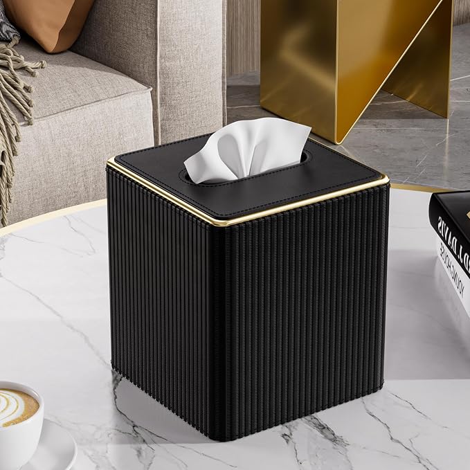 GORESE Square Tissue Box Cover with Gold-Tone Edging, PU Leather Tissue Box Holder for Kleenexs, Decorative Tissue Cover for Bathroom Living Room Car, Modern Cube Kleenexs Holder, Black