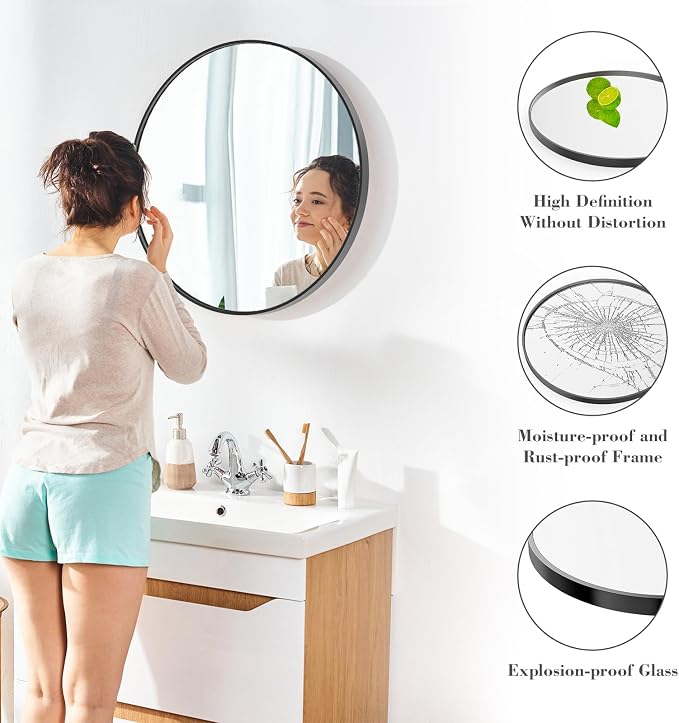 NEWBULIG 30 Inch Round Bathroom Mirror, Wall Mount Mirror | Circle Vanity Mirror for Over Sink, Matte Metal Frame, Entryway Decor, Bedroom Decor, Black
