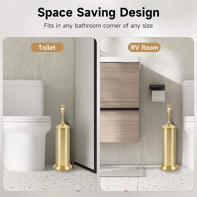 Brushed Gold Toilet Brush and Holder，Extra Long Handled Toilet Brush for Bathroom，Stainless Steel Heavy Duty Toilet Bowl Brush,Deep Cleaning Modern Toilet Cleaner Brush -Space Saving, Covered Brush