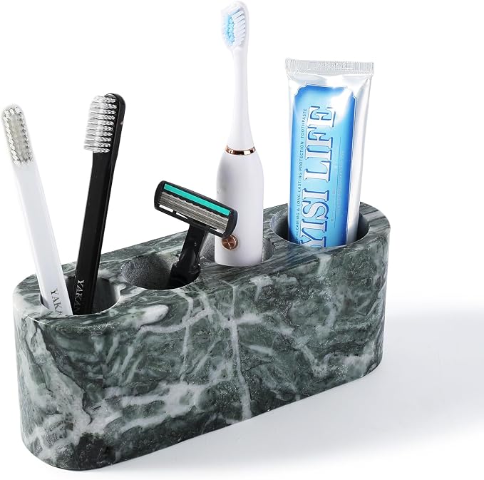 BCS Toothbrush Holder for Bathrooms, 4 Slots Marble Toothbrush and Toothpaste Holder Stand Bathroom Organizer Countertop for Electric Toothbrush, Floss, Razor, Comb - Verde
