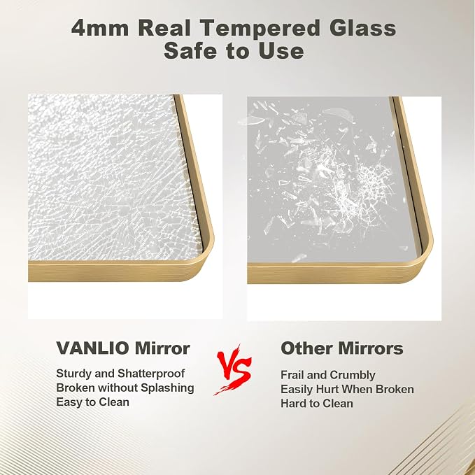 60x36 Inch Gold Framed Bathroom Mirror | Brushed Gold Metal Frame, Rounded Rectangle Gold Mirror, Anti-Rust, Tempered Glass, Hangs Horizontally or Vertically