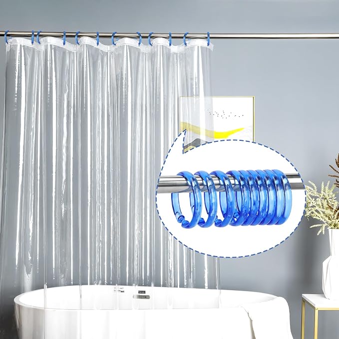 Blue Shower Curtain Hooks - 12 Pcs Circular Plastic Shower Curtain Rings for Bathroom - O Shaped Transparent Blue Shower Hooks Rings for Shower Curtain Rod