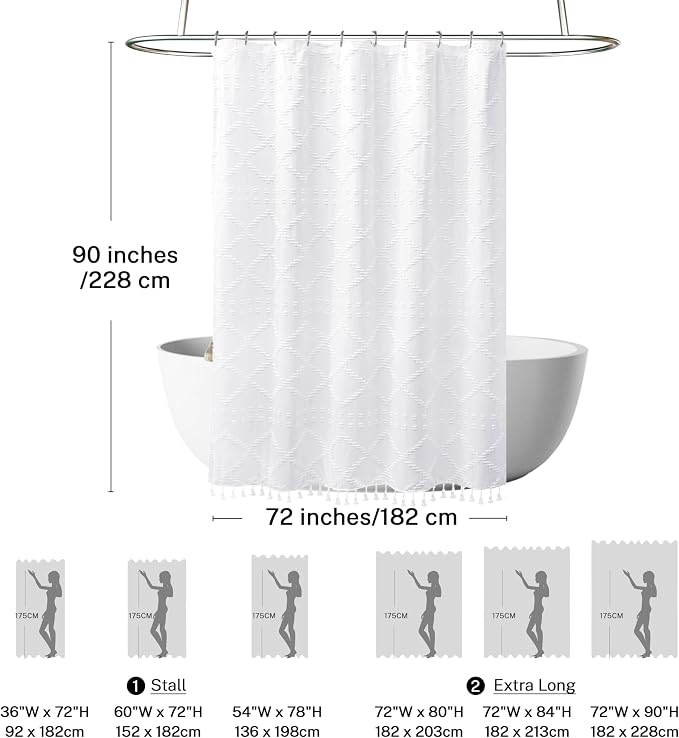 Extra Long White Textured Woven Fabric Boho Shower Curtain with Tassels 72 x 90 Modern Farmhouse Minimalist, Tufted Chevron Striped Shabby Chic, Water Resistant Cloth Curtain for Bathroom, Hotel Decor