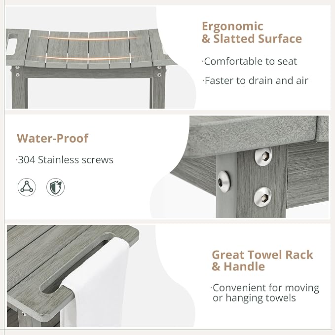 LUE BONA HDPS Shower Bench for Inside Shower, Gray 23.6" Shower Stool for Shaving Legs with Shelf, Waterproof Shower Chair Seat for Bathroom, Weather Resistant/Non-Slip/Handles/Indoor or Outdoor Use