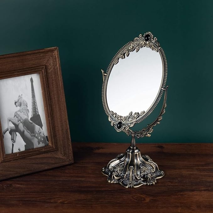 Feyarl Small Metal Vintage Makeup Mirror Floral Tabletop Oval Vanity Swivel Double Sided Mirror with Stand Elegant Decorative for Dressing Room Bedroom (Bronze)