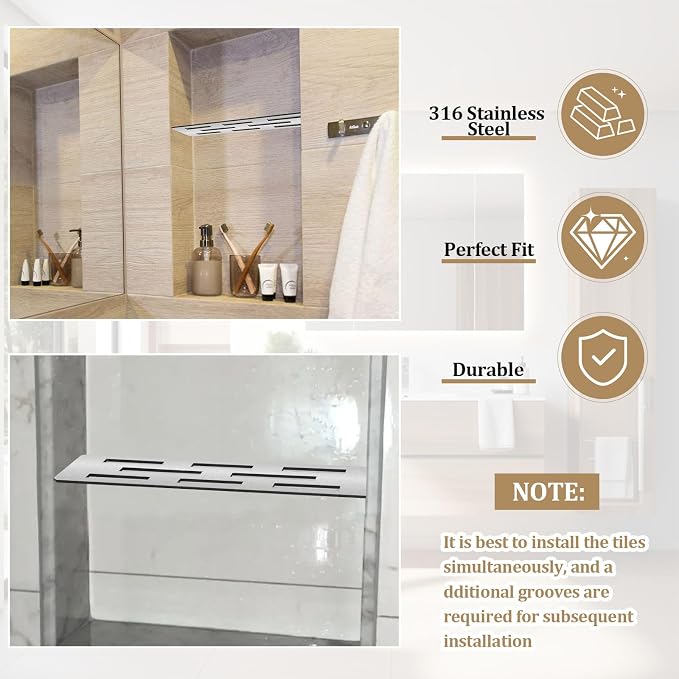 12 Inch Shower Niche Shelf Brushed 316 Stainless Steel Finish Tile Insert | Rectangular Shelf for 12 Inch Tile Prefabricated Niches, Fits 1/8 Inch Grout Lines, Shower Niche Insert Brushed 316 Stainless