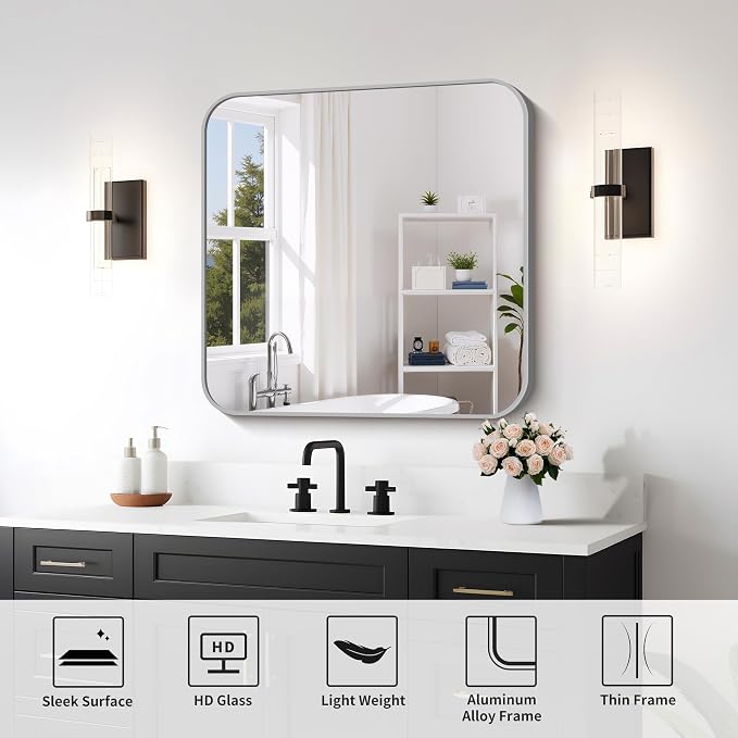 FORBATH 30x30 Inch Silver Bathroom Mirror for Over Sink, Large Square Wall Mirror with Metal Frame, Rounded Corners for Bathroom, Bedroom, Entryway Decor (Horizontal or Vertical)