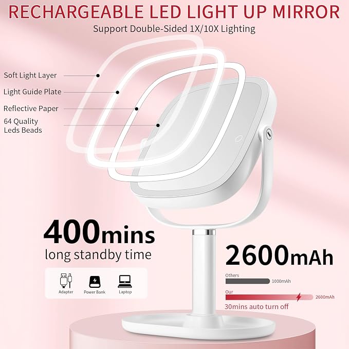 Vanmirr Lighted Makeup Mirror, Height-Adjustable with Magnification | 1x/10x Magnifying Mirror,Rechargeable Vanity Mirror with 3 Color Lights,Double Sided 360°Rotation,Memory Function