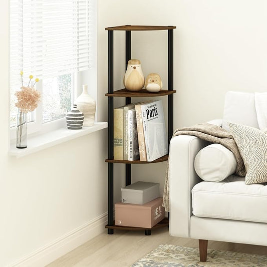 Furinno Turn-N-Tube Toolless Assembly 4-Tier Corner Shelf, Rustic Brown Corner Book Shelf, Open Shelves Bookshelf, for Organization and Storage, Living Room, Home Office, Bedroom, Amber Oak