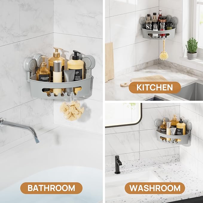 Corner Shower Caddy Suction Cup, Shower Basket Suction Bathroom | Grey Shower Caddies, Waterproof & Rustproof Bathroom Organizer, No-Drilling Shower Rack, Removable