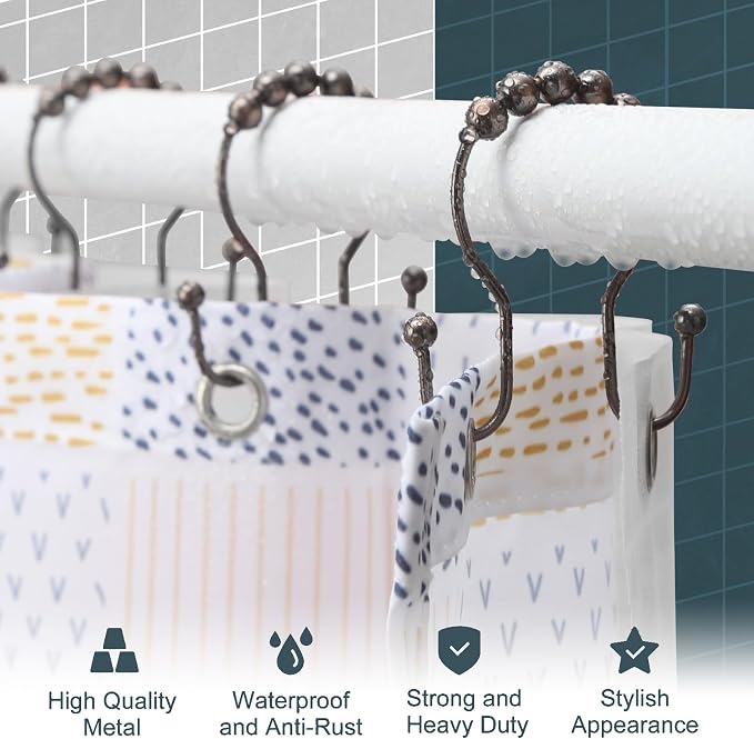 Shower Curtain Hooks, OEH Shower Curtain Rings, Bronze Shower Curtain Hooks Rust Proof, Smooth Gliding Metal Shower Curtain Rings Rust Proof, Double Shower Hooks for Shower Curtain, 12 Pcs, Bronze