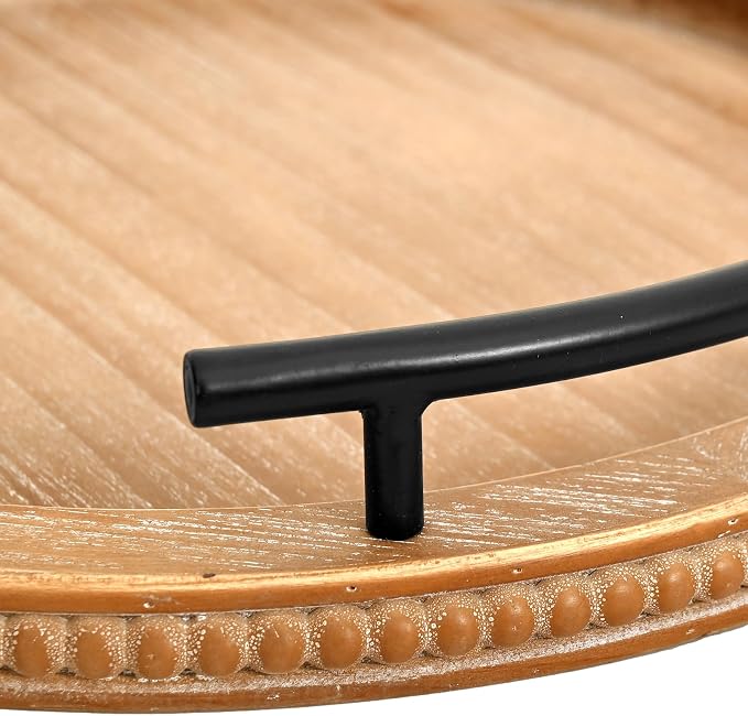 SwallowLiving Brown Wooden Beaded Serving Tray with Handle Decorative Rustic Tray for Coffee Table Farmhouse Round Tray for Kitchen, Living Room and Bedroom