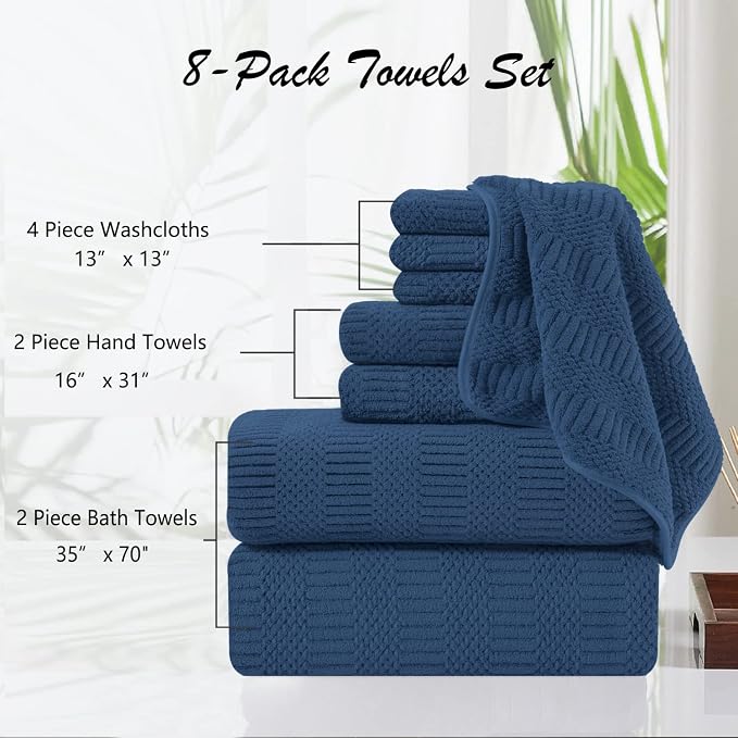 8 Pcs Navy Large Towel Set Soft Microfiber Bath Hand Towels Washcloths | Oversized towel with loop absorbent quilck dry no lint multiple pack easy replacement family set for bathroom beach pool gym