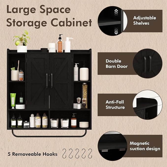 RUSTOWN Rustic Bathroom Wall Storage Cabinet with 2 Barn Doors, Black | Farmhouse Medicine Cabinet, Wall Mounted, Space Saving, 3-Tier Adjustable Shelves, Towel Bar, 5 Hooks